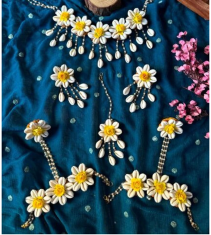 Elegant Yellow Floral Cowrie Shell Jewelry Set | Haldi Mehendi Bridal Collection