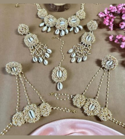 White & Gold Beaded Bridal Haldi Jewelry Set | Multicolor Floral Jewelry for Women